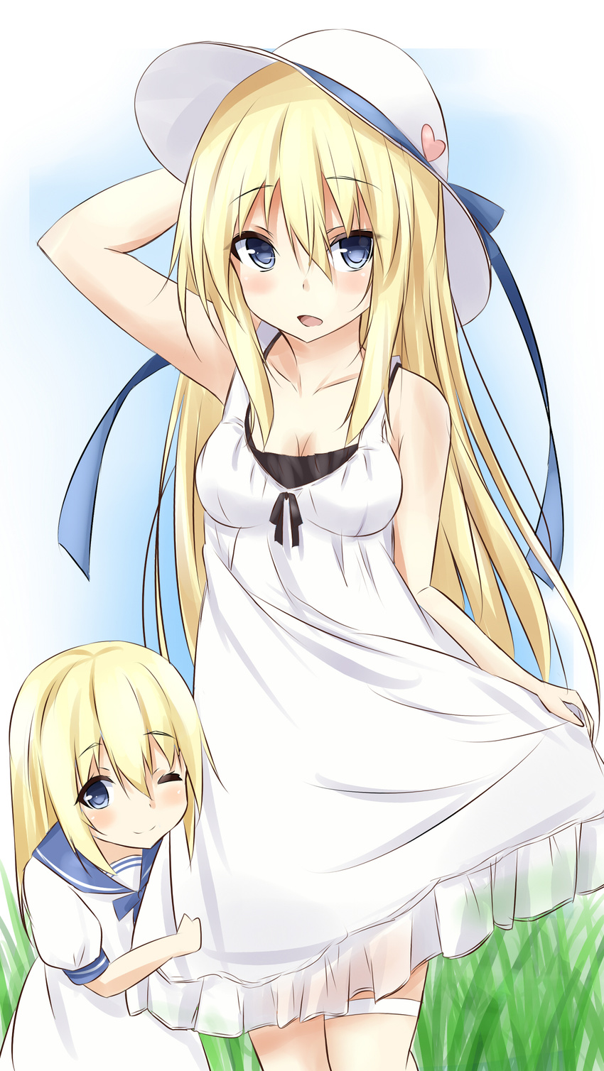 absurdres alternate_costume arm_up bismarck_(kantai_collection) blonde_hair blue_eyes dress grass hat highres if_they_mated kantai_collection long_hair mother_and_daughter multiple_girls one_eye_closed sailor_dress saku_(kudrove) smile sun_hat sundress thigh_strap white_dress younger