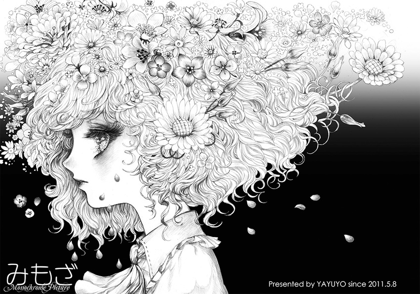 ascot eyelashes face flower greyscale hair_flower hair_ornament kazami_yuuka monochrome petals portrait profile solo sunflower takatora touhou tulip