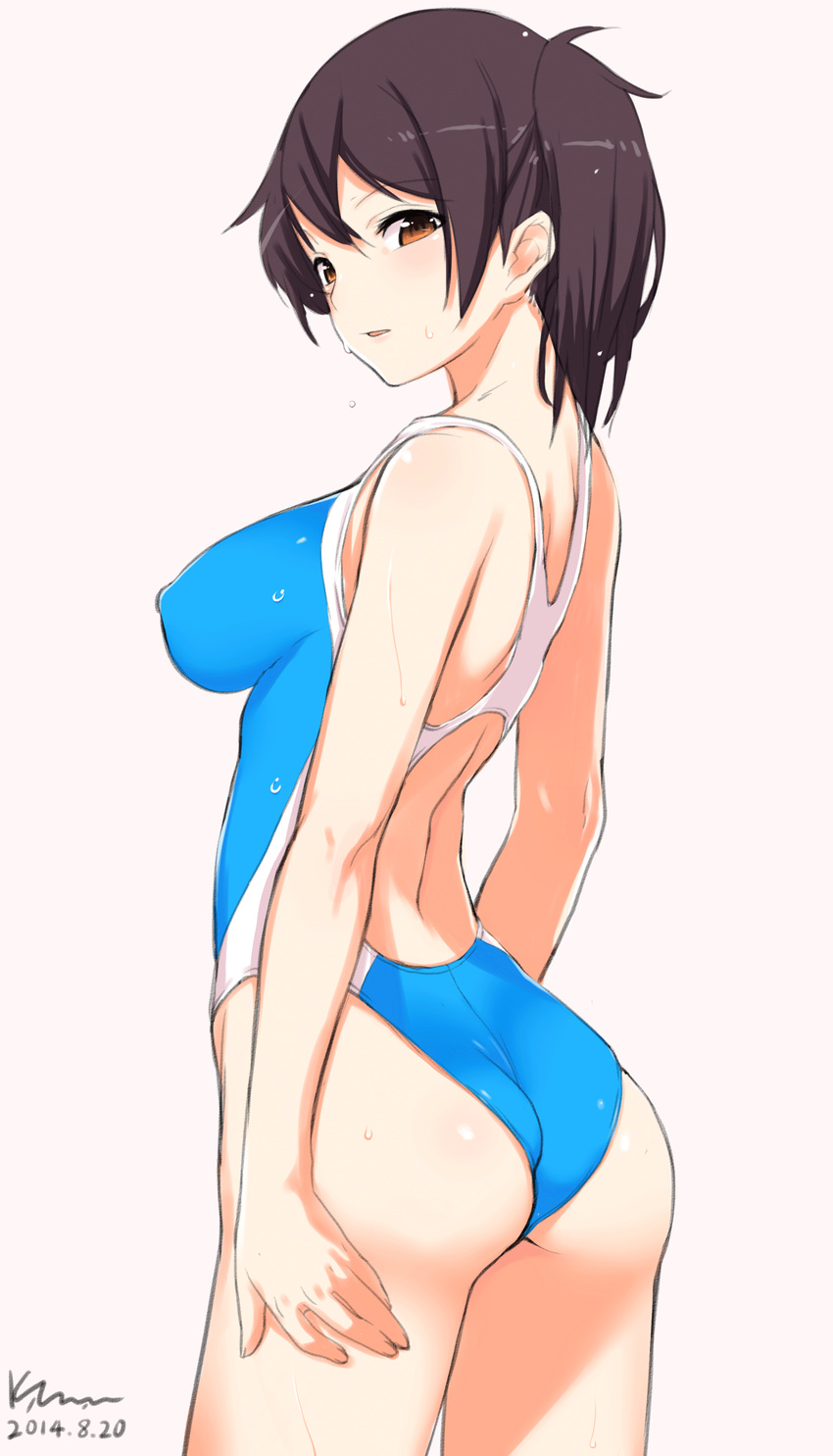 2014 absurdres alternate_costume ass bad_id bad_pixiv_id blush breasts brown_eyes brown_hair competition_swimsuit covered_nipples dated highres impossible_clothes kaga_(kantai_collection) kanna_kanaki kantai_collection large_breasts one-piece_swimsuit open_mouth short_hair side_ponytail signature simple_background solo swimsuit
