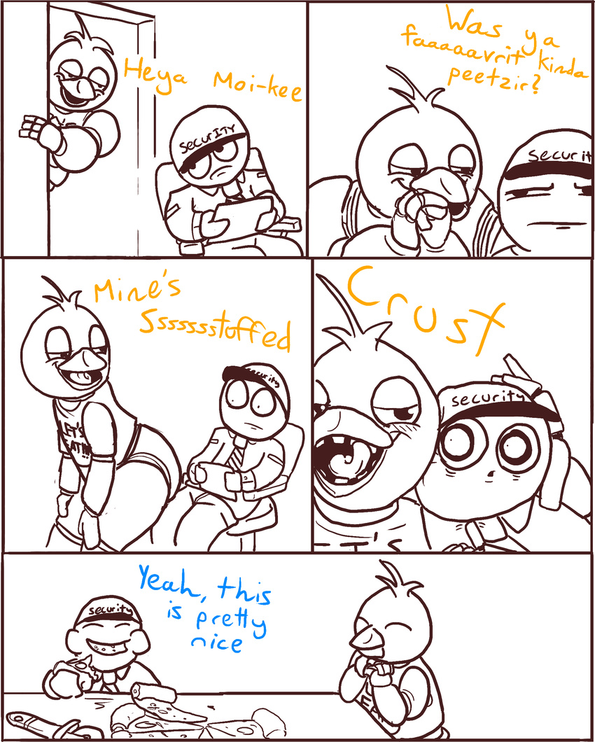 animatronic avian butt chica_(fnaf) clothed clothing comic dialog five_nights_at_freddy's human mammal suggestive text
