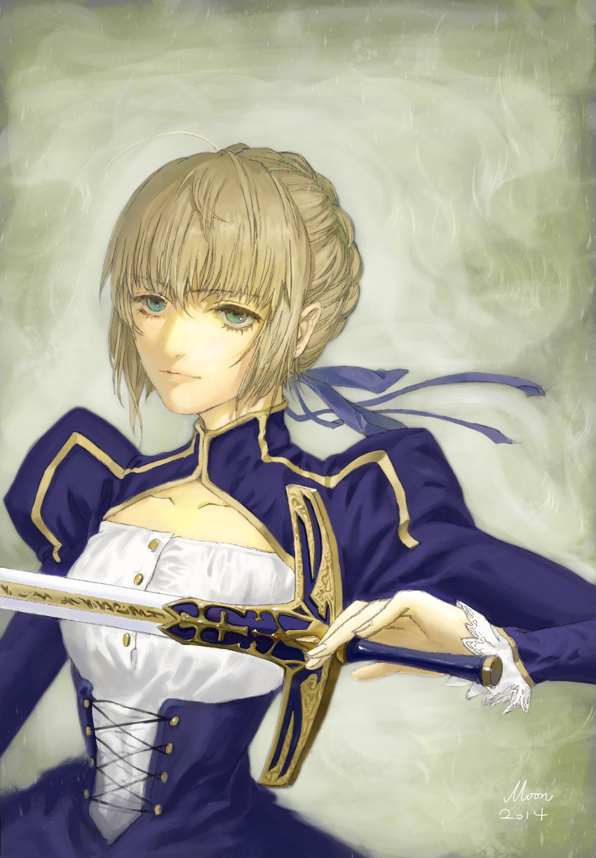 ahoge artoria_pendragon_(all) bad_id bad_pixiv_id blonde_hair caliburn dress eyelashes fate/stay_night fate_(series) green_eyes hair_ribbon highres moon-lucky ribbon saber solo sword weapon