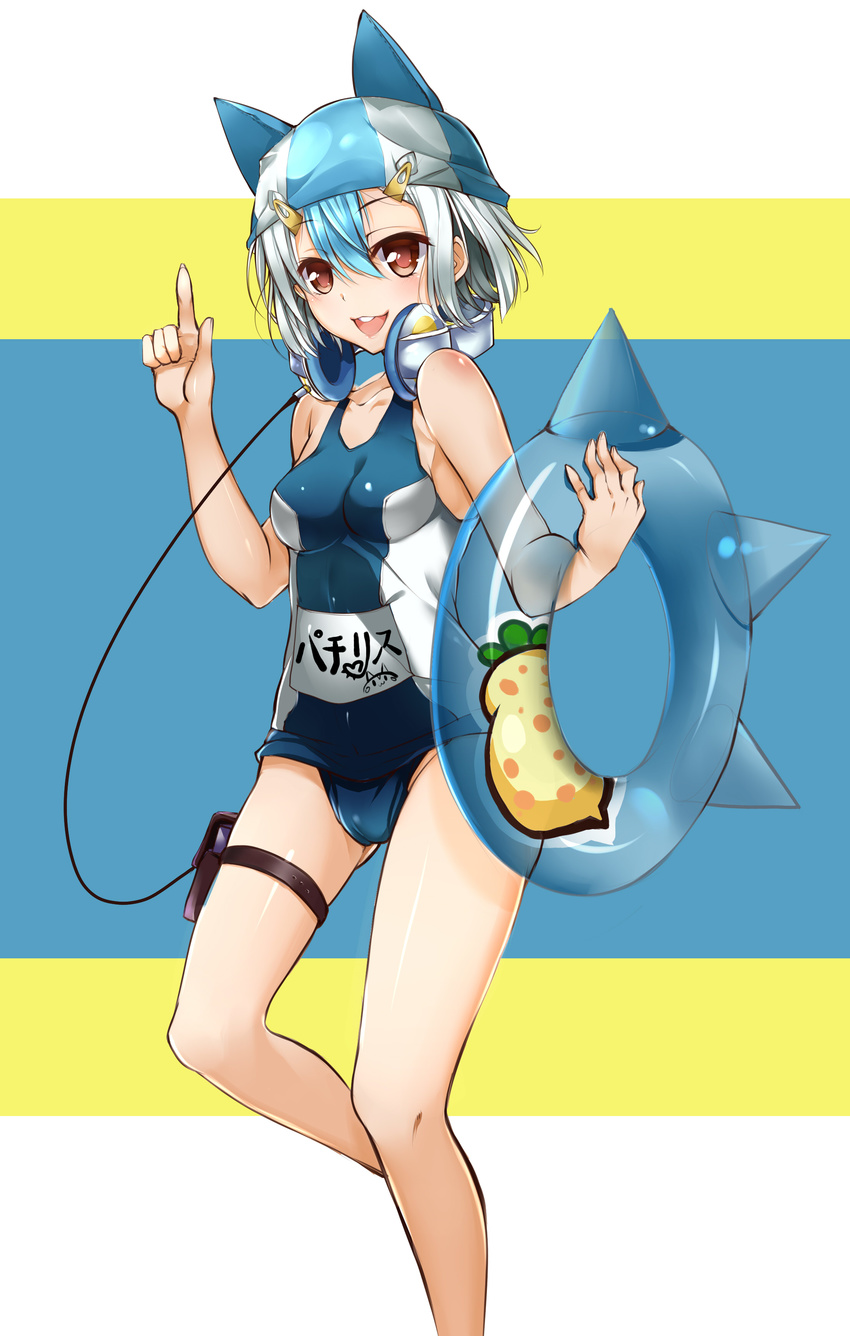 :d absurdres animal_hat blossomsa blue_hair breasts brown_eyes collarbone gen_4_pokemon hair_ornament hairclip hat headphones headphones_around_neck highres innertube multicolored_hair name_tag one-piece_swimsuit open_mouth pachirisu personification pointing pointing_up pokemon school_swimsuit short_hair silver_hair small_breasts smile solo standing standing_on_one_leg swim_cap swimsuit thigh_strap two-tone_hair video_game_championships video_game_championships_2015