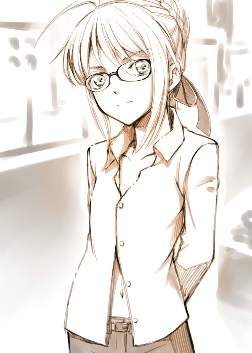 absurdres ahoge artoria_pendragon_(all) bespectacled fate/stay_night fate_(series) glasses green_eyes hair_bun highres muted_color saber smile solo uraomote