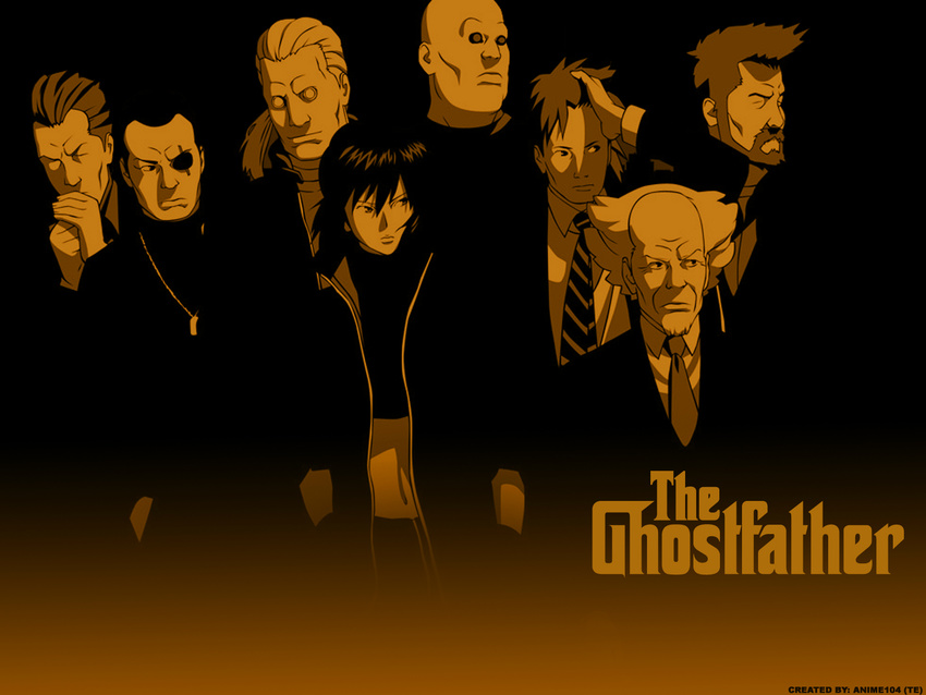 1girl 6+boys aramaki_daisuke batou boma_(ghost_in_the_shell) ghost_in_the_shell ishikawa kusanagi_motoko mafia monochrome multiple_boys necktie paz saito the_godfather togusa