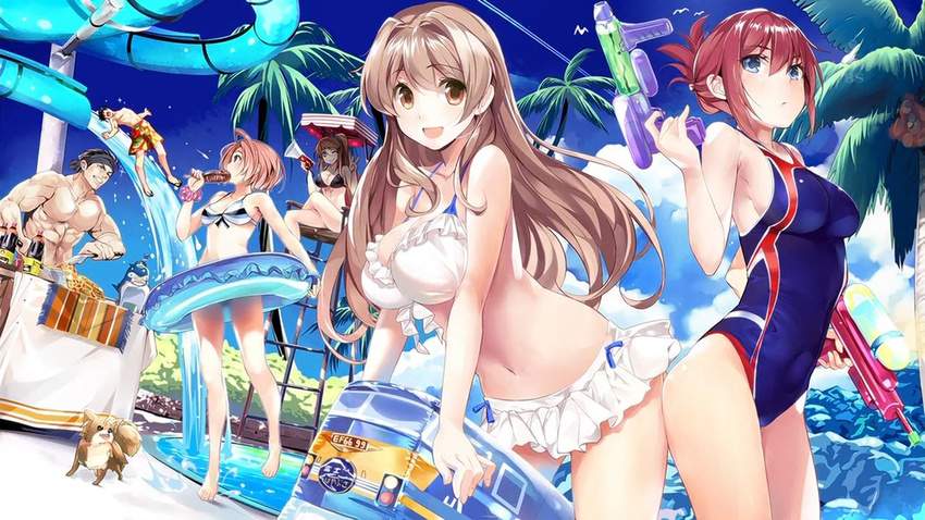 4girls bikini blue_eyes breasts brown_eyes chocolate_banana cloud day dog dual_wielding eating end_card folded_ponytail headband holding iida_nana innertube iwaizumi_shou jpeg_artifacts kashima_noa koumi_haruka large_breasts lifeguard_chair long_hair looking_at_viewer male_swimwear marushin_(denwa0214) megaphone multiple_boys multiple_girls muscle navel one-piece_swimsuit open_mouth pink_hair pool rail_wars! sakurai_aoi sasshou_mari short_hair sky swim_trunks swimsuit swimwear takayama_naoto water water_gun water_slide white_bikini white_swimsuit yakisoba