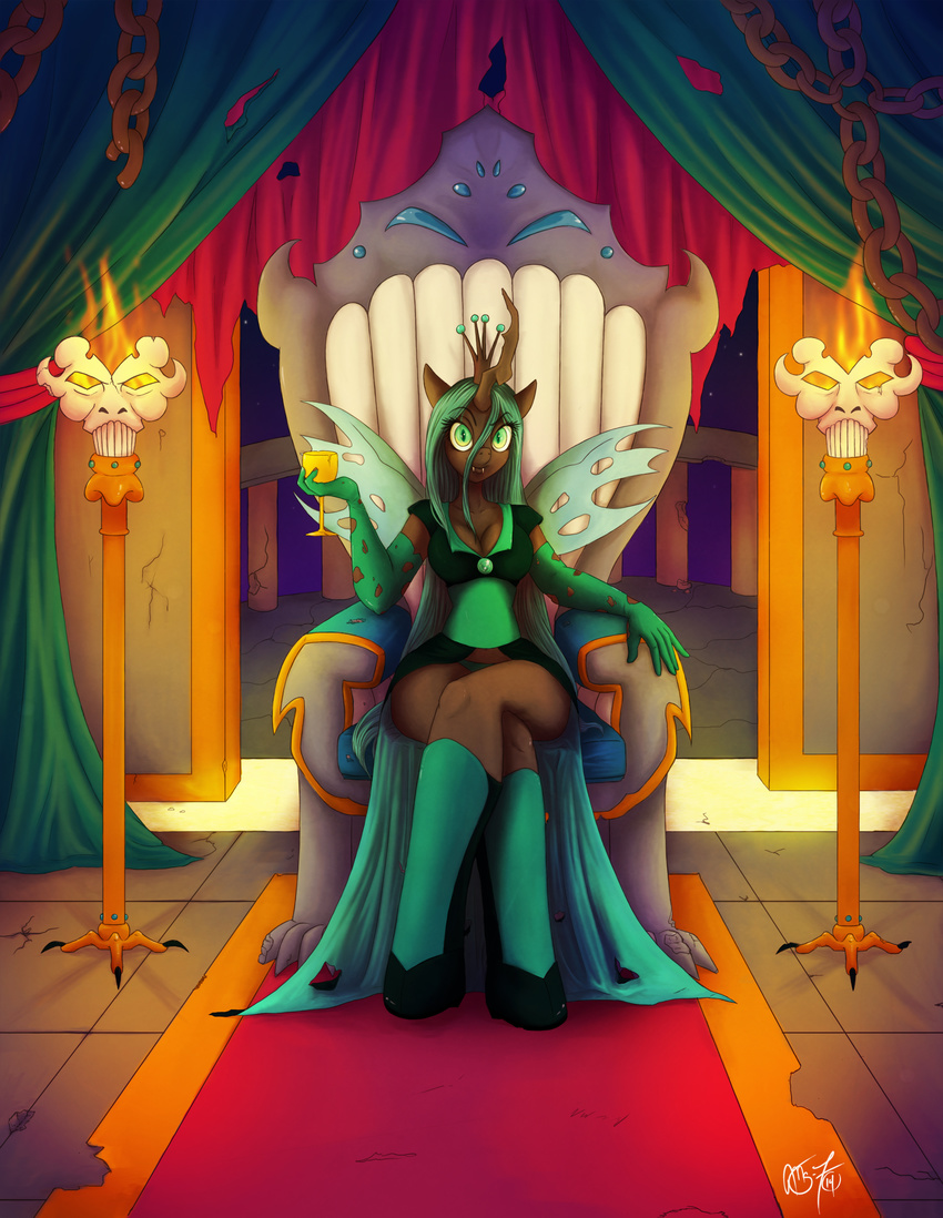 2014 anthro anthrofied boots changeling cleavage clothed clothing crossed_legs dress elbow_gloves fangs fire friendship_is_magic gloves goblet green_eyes green_hair hair holding holes horn looking_at_viewer ms-seven0 my_little_pony night panties queen_chrysalis_(mlp) sitting skull slit_pupils star straight_hair throne underwear wings
