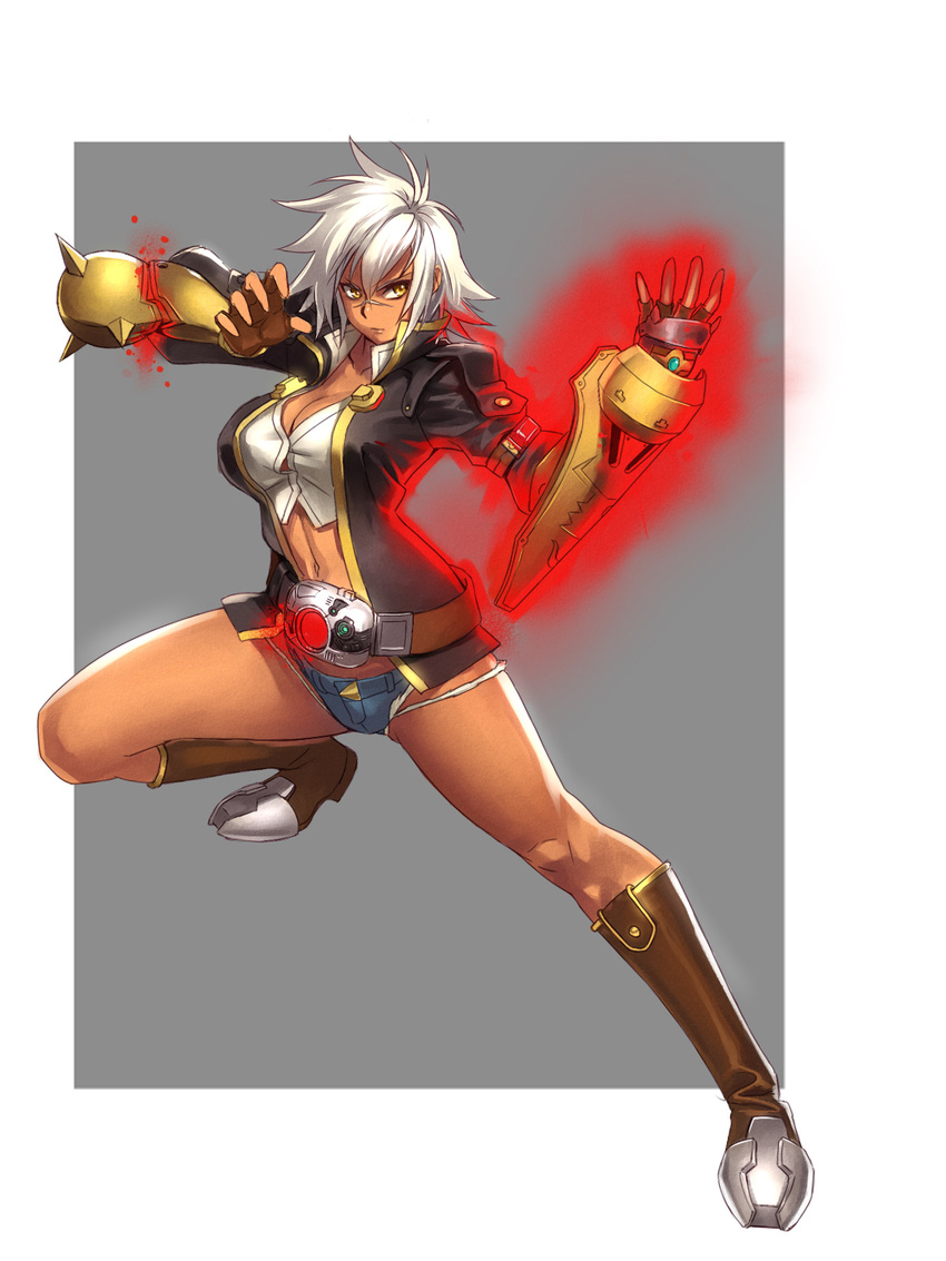 blazblue blazblue:_chronophantasma boots breasts bullet_(blazblue) dark_skin denim denim_shorts fingerless_gloves gloves highres jacket kamen_rider kamen_rider_black kamen_rider_black_(series) large_breasts ogami rider_belt scar short_hair short_shorts shorts white_hair yellow_eyes