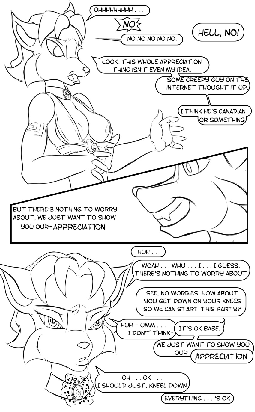 2014 anthro arashidrgn breasts canine clothed clothing comic dialog english_text female fox fur hair hypnosis krystal male mammal mind_control nintendo nipples open_mouth star_fox text video_games