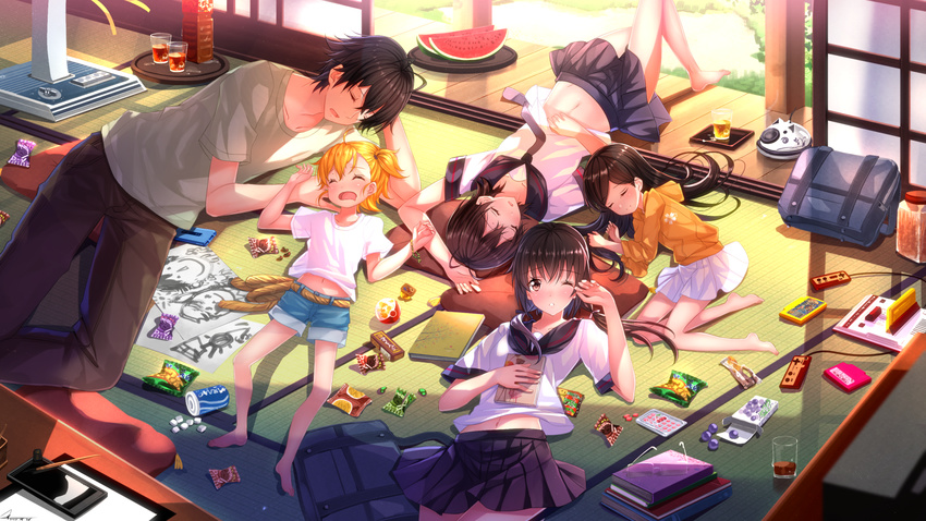 4girls antenna_hair arai_tamako bag barakamon barefoot black_hair book brown_hair candy closed_eyes controller cup electric_fan eyewear_removed famicom famicom_cartridge food fruit game_console game_controller gamepad glasses hand_on_own_stomach handa_seishuu highres inkwell kayari_buta kotoishi_naru kubota_hina lying messy_room midriff multiple_girls navel on_back on_side one_eye_closed open_mouth orange_hair pants porch school_bag school_uniform serafuku shirt short_hair side_ponytail skirt sleeping swordsouls t-shirt tatami water watermelon yamamura_miwa