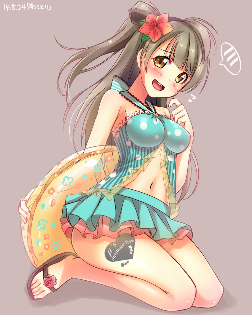 babydoll bikini_skirt blush breasts brown_hair character_name dated flower hair_flower hair_ornament halterneck heart_tattoo hibiscus highres innertube lace long_hair looking_at_viewer love_live! love_live!_school_idol_project medium_breasts minami_kotori navel open_mouth polka_dot seiza shadow simple_background sitting solo tattoo yellow_eyes yu-ta