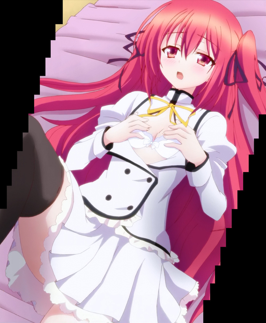areishia_spirit_academy_uniform bed bra claire_rouge highres long_hair pleated_skirt red_eyes red_hair school_uniform screencap seirei_tsukai_no_blade_dance self_fondle skirt solo thighhighs two_side_up underwear