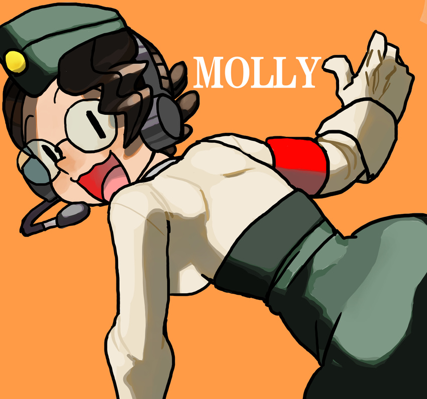 1girl armband back brown_hair character_name female from_behind glasses hat headset looking_back military military_uniform molly_(skullgirls) open_mouth orange_background simple_background skullgirls smile solo uniform wavy_mouth