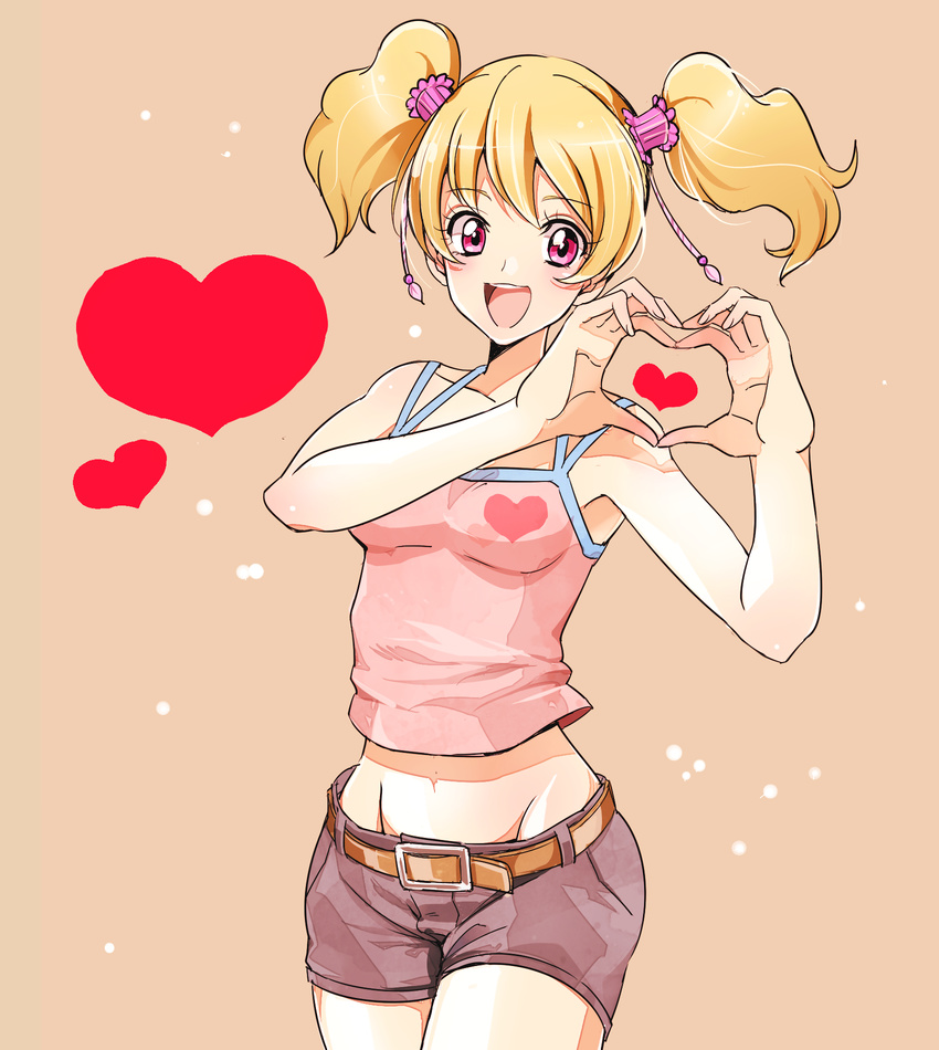 :d belt blonde_hair fresh_precure! groin heart heart_hands highres momozono_love naokado no_panties open_mouth pink_eyes pink_tank_top precure sepia_background shirt short_hair short_twintails shorts sleeveless sleeveless_shirt smile solo twintails