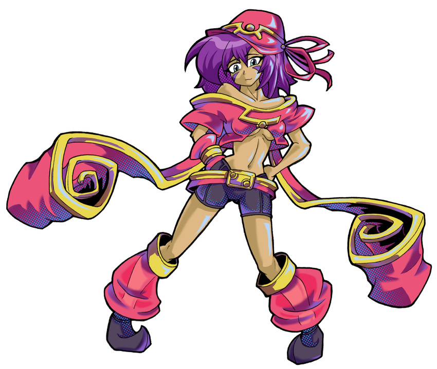 bare_shoulders belt bike_shorts blue_eyes breasts commentary dark_skin detached_leggings detached_sleeves fusion hagoromo hallowgazer hat highres long_hair medium_breasts merry_nightmare midriff navel off-shoulder_shirt pointy_ears purple_hair see-through shantae_(character) shantae_(series) shawl shirt single_sleeve smile solo underboob yumekui_merry