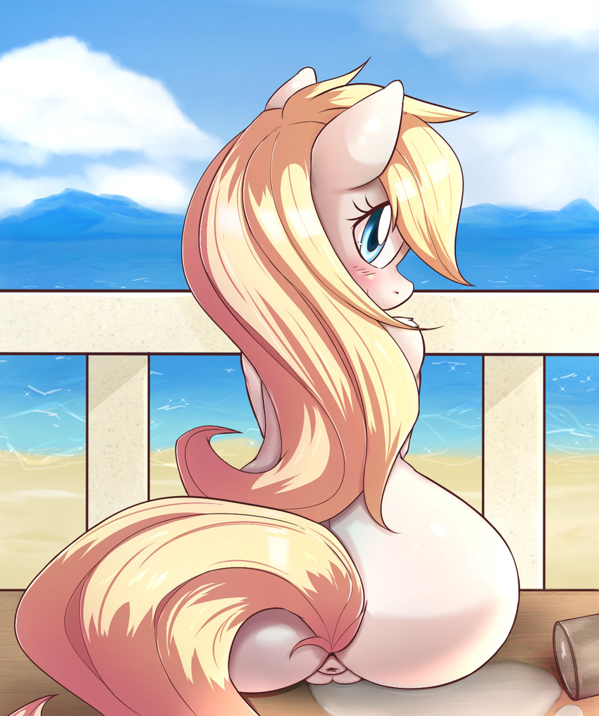 anus aryanne aryanne_(character) back_turned blonde_hair blue_eyes blush cloud equine female friendship_is_magic fur hair hooves horse long_hair looking_at_viewer looking_back mammal my_little_pony outside pony presenting pussy raised_tail sitting smile solo white_fur