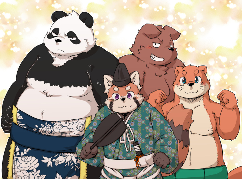 2015 anthro bear belly black_nose blush canine clothed clothing dog group humanoid_hands kota&acute; male mammal moobs nipples overweight overweight_male panda red_panda