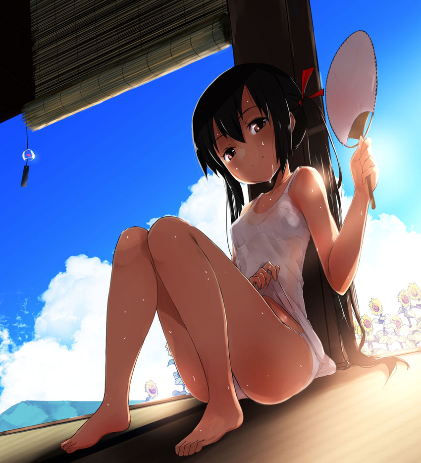 bamboo_screen bare_legs barefoot bra brown_eyes cloud day dress fan flower hair_ribbon highres hot k-on! knees_together_feet_apart long_hair looking_at_viewer masamuuu nakano_azusa panties paper_fan ribbon see-through shade sitting sky solo summer sundress sunflower sweat twintails uchiwa underwear white_bra white_dress white_panties wind_chime