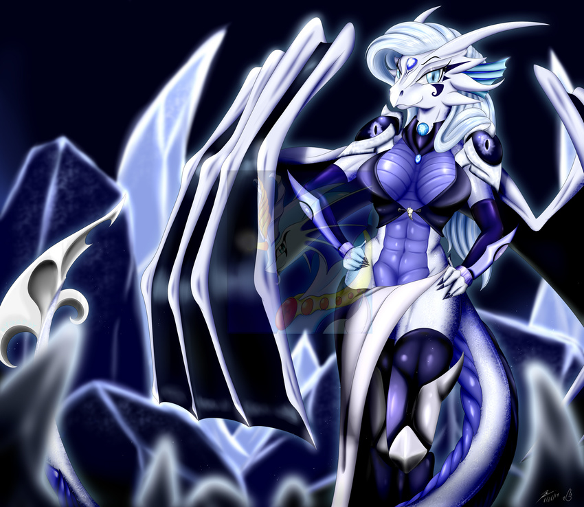 2014 abs absurd_res anthro armor blue_eyes blue_theme blumagpie breasts cleavage clothed clothing dragon face_paint female gauntlets gem hair hi_res ice looking_at_viewer navel slit_pupils solo teeth white_hair wings