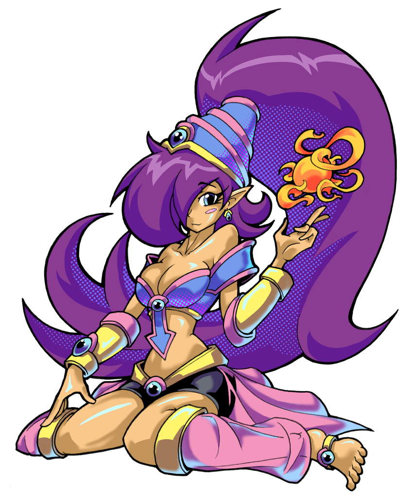 anklet bare_shoulders barefoot blue_eyes blush_stickers breasts cleavage commentary dark_magician_girl dark_skin detached_leggings duel_monster earrings fire hair_over_one_eye hair_tubes hallowgazer highres jewelry large_breasts long_hair magic pointy_ears purple_hair shantae_(character) shantae_(series) shorts showgirl_skirt sitting solo toes vambraces very_long_hair wariza yuu-gi-ou yuu-gi-ou_duel_monsters