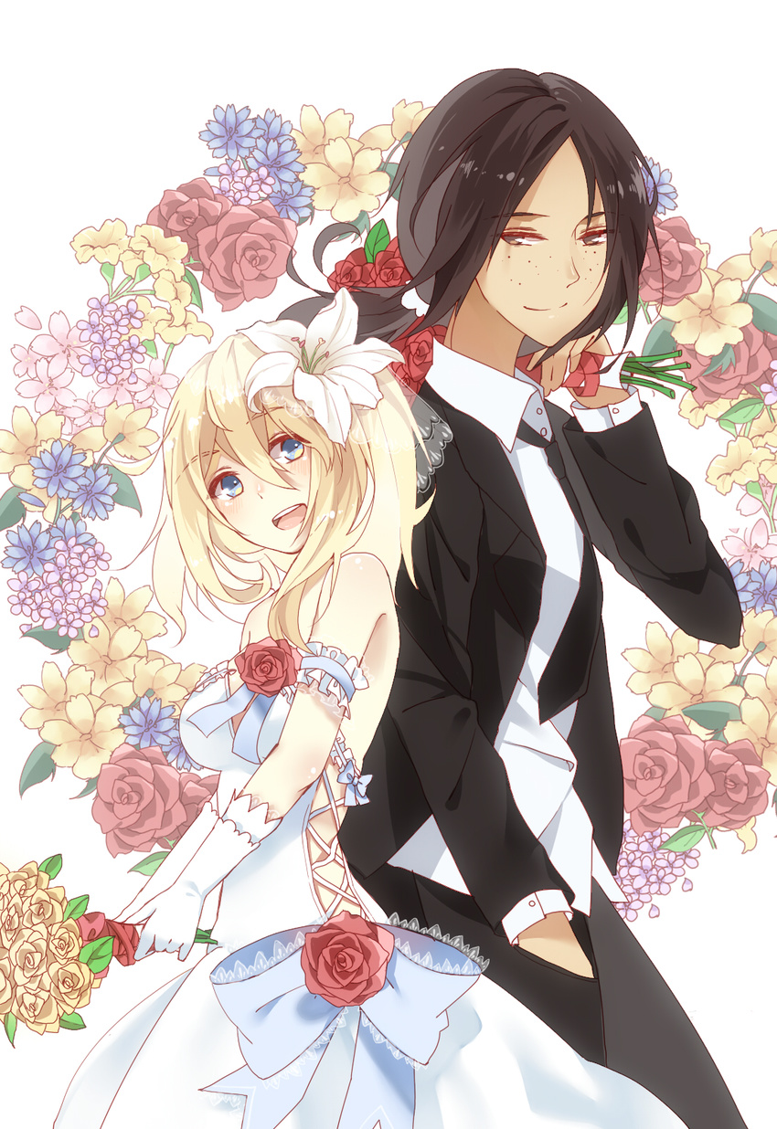 :d alternate_hairstyle arm_cuffs bare_shoulders black_hair blonde_hair blue_eyes bouquet bride cherry_blossoms christa_renz couple cross-laced_clothes dress elbow_gloves flower formal freckles gloves groom hair_between_eyes hair_flower hair_ornament hand_in_pocket high_ponytail highres holding izumi4195202 lace lily_(flower) multiple_girls necktie open_mouth over_shoulder pant_suit ponytail red_flower red_rose ribbon rose shingeki_no_kyojin side_ponytail smile strapless strapless_dress suit wedding_dress white_dress white_gloves wife_and_wife yellow_flower yellow_rose ymir_(shingeki_no_kyojin) yuri
