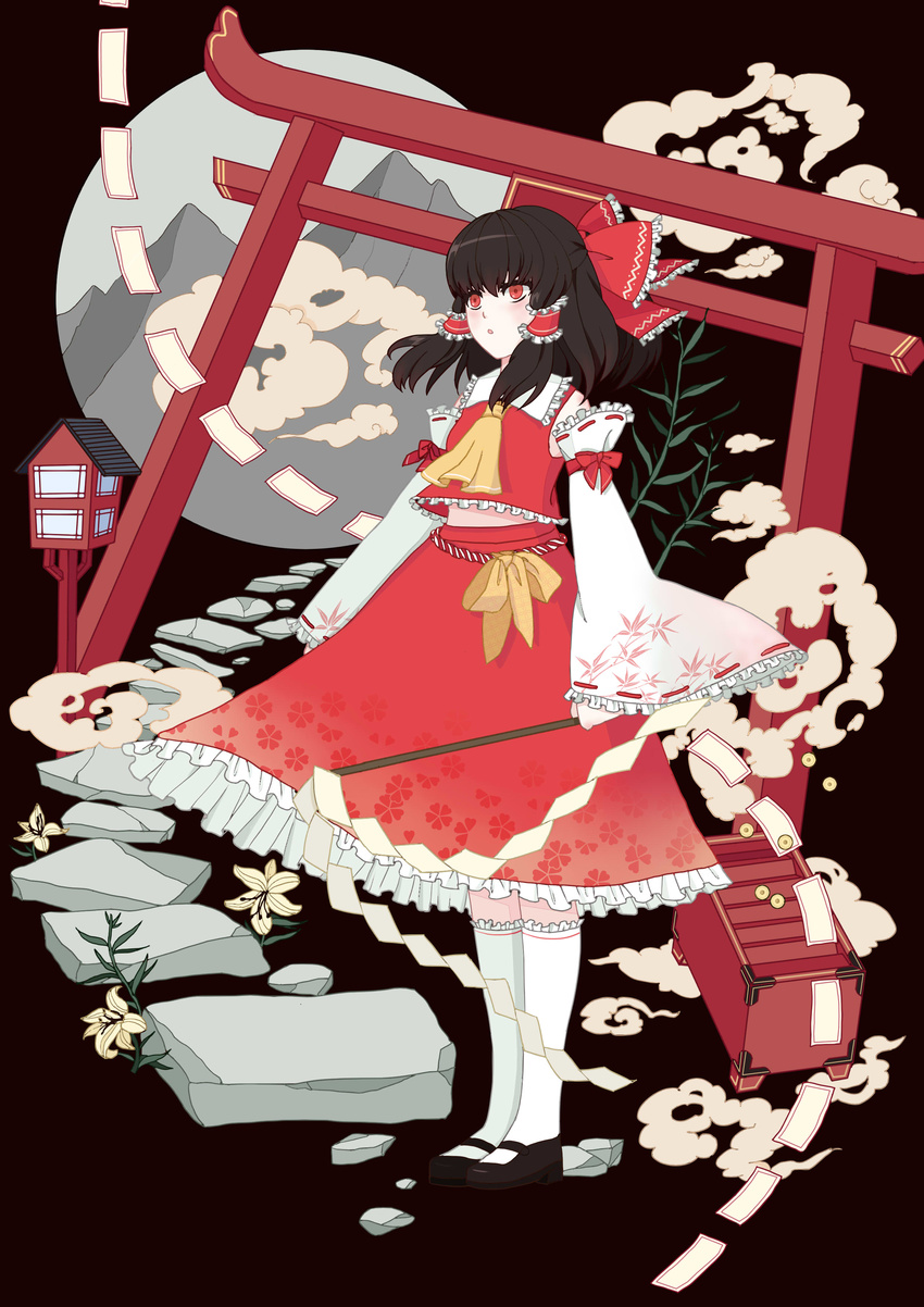 absurdres bad_id bad_pixiv_id black_background black_hair bow box cloud coin detached_sleeves donation_box flat_color flower frilled_shirt frilled_skirt frills gohei hair_bow hair_tubes hakurei_reimu highres lantern mary_janes midriff moli_sang money mountain open_mouth path print_skirt red_eyes ribbon-trimmed_sleeves ribbon_trim road shirt shoes skirt skirt_set solo torii touhou white_legwear wooden_lantern