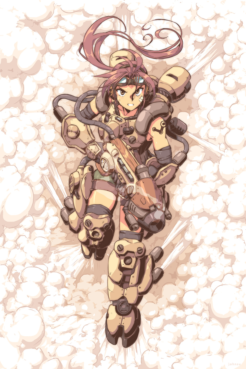 armor armored_boots bandaid bandaid_on_face bodysuit boots brown_eyes brown_hair clenched_teeth commentary explosion firefall full_body goggles goggles_on_head highres hose john_su looking_at_viewer open_mouth pipe running smoke steam steam_(platform) steampunk teeth weapon