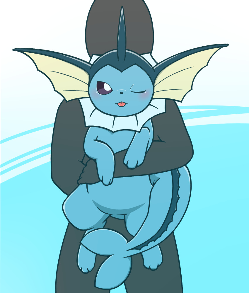 2018 ambiguous_gender anonymous blush carrying duo eeveelution feral hi_res human looking_at_viewer mammal nintendo nude one_eye_closed pisho pok&eacute;mon pok&eacute;mon_(species) simple_background tongue tongue_out vaporeon video_games