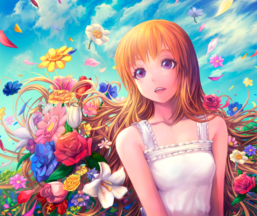 arms_at_sides bare_shoulders chiro_(mind-chamber) cloud colorful cosmos_(flower) daisy day dress flower hibiscus highres lily_(flower) long_hair marigold open_mouth orange_hair original petals purple_eyes rose sky sleeveless smile solo tulip