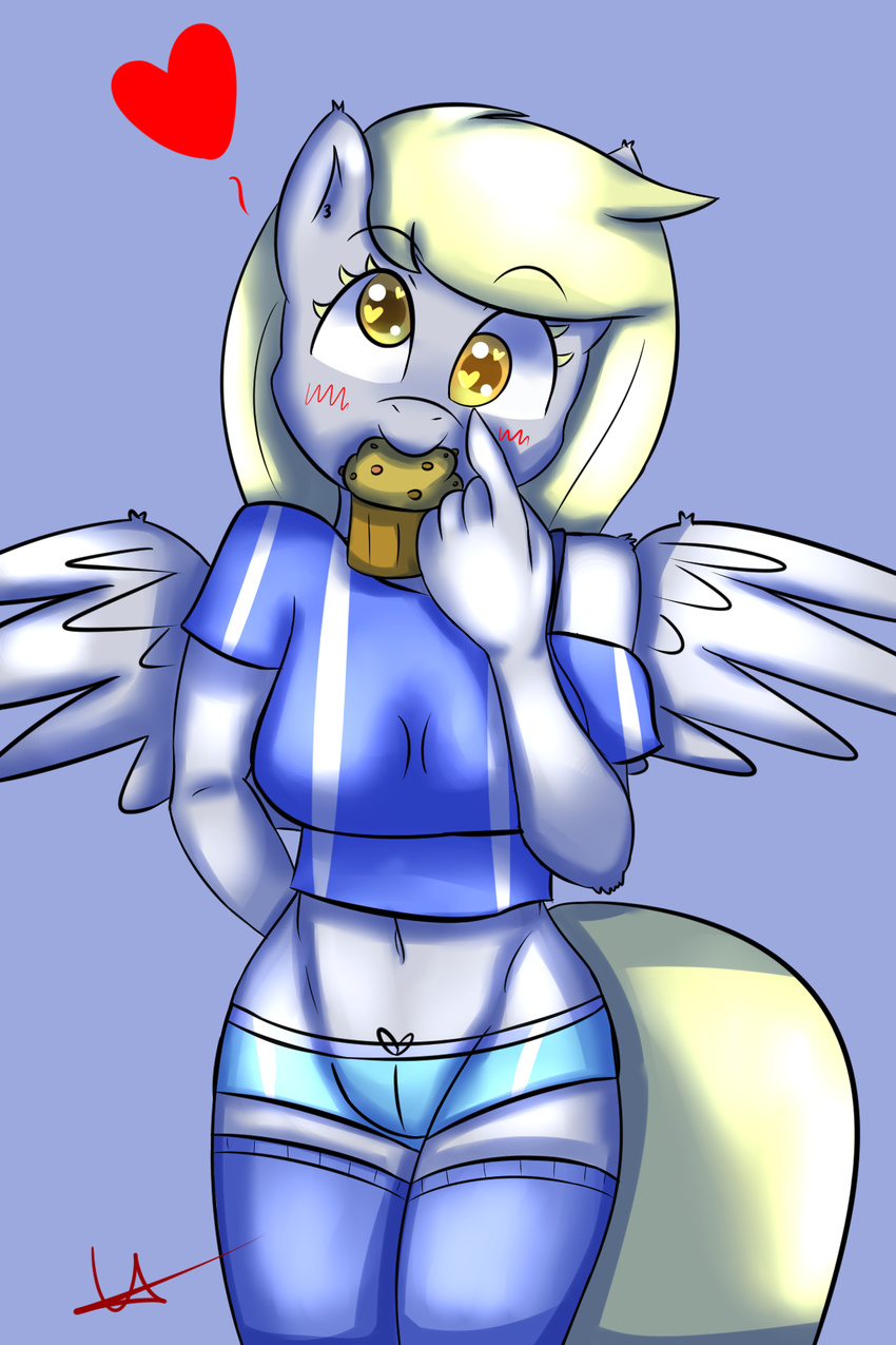 &lt;3 anthro blonde_hair blush clothed clothing derpy_hooves_(mlp) equine feathers female food friendship_is_magic fur grey_fur hair legwear long_hair looking_at_viewer mammal mistressbloodershy mouth_hold muffin my_little_pony navel pegasus plain_background presenting smile solo standing stockings wings yellow_eyes