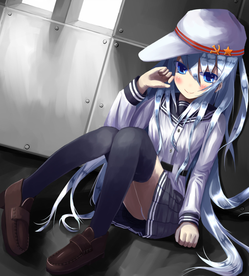 bad_id bad_pixiv_id black_legwear blue_eyes fujishiro_yuu hat hibiki_(kantai_collection) highres kantai_collection long_hair looking_at_viewer pleated_skirt school_uniform serafuku shoes sitting skirt smile solo verniy_(kantai_collection) very_long_hair white_hair