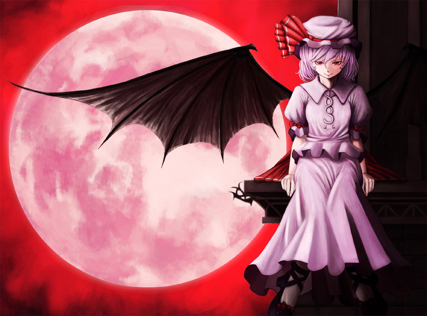 bat_wings dress frilled_dress frills full_moon hat hat_ribbon mmm_(mikito) mob_cap moon puffy_short_sleeves puffy_sleeves red_eyes remilia_scarlet ribbon short_hair short_sleeves sitting touhou wings