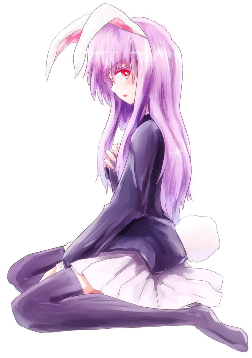 animal_ears bad_id bad_pixiv_id black_legwear blush bunny_ears bunny_tail hand_on_breast highres lavender_hair long_hair looking_at_viewer red_eyes reisen_udongein_inaba simple_background sitting solo tail thighhighs touhou wariza white_background
