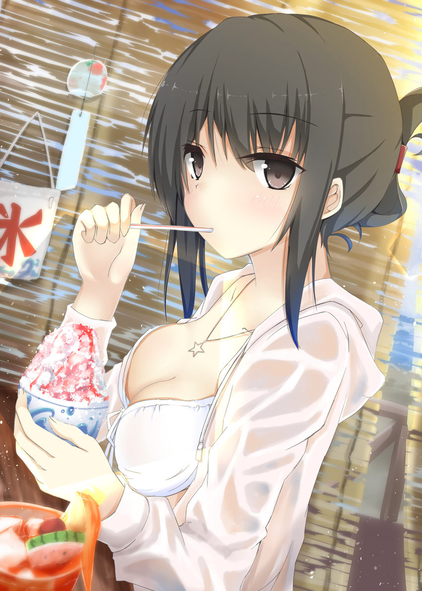 bangs bikini black_eyes black_hair breasts cleavage collarbone drinking_straw eating eyebrows_visible_through_hair folded_ponytail food highres hood hoodie hoodie_vest ice_cream jewelry long_sleeves looking_at_viewer medium_breasts mouth_hold necklace original shaved_ice shirotaso0818 star star_necklace swimsuit upper_body vest white_bikini wind_chime