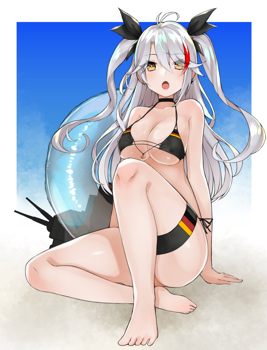 absurdres antenna_hair azur_lane bangs barefoot beach bikini black_bikini black_choker black_ribbon blue_sky breasts brown_eyes choker cleavage cloud cloudy_sky commentary_request cross cross_earrings day earrings eyebrows_visible_through_hair eyes_visible_through_hair flag_print full_body german_flag_bikini highres innertube itame_moyashi jewelry large_breasts looking_at_viewer machinery multicolored_hair open_mouth outdoors prinz_eugen_(azur_lane) red_hair ribbon side-tie_bikini silver_hair sitting sky solo streaked_hair swept_bangs swimsuit thigh_strap thighs turret two_side_up