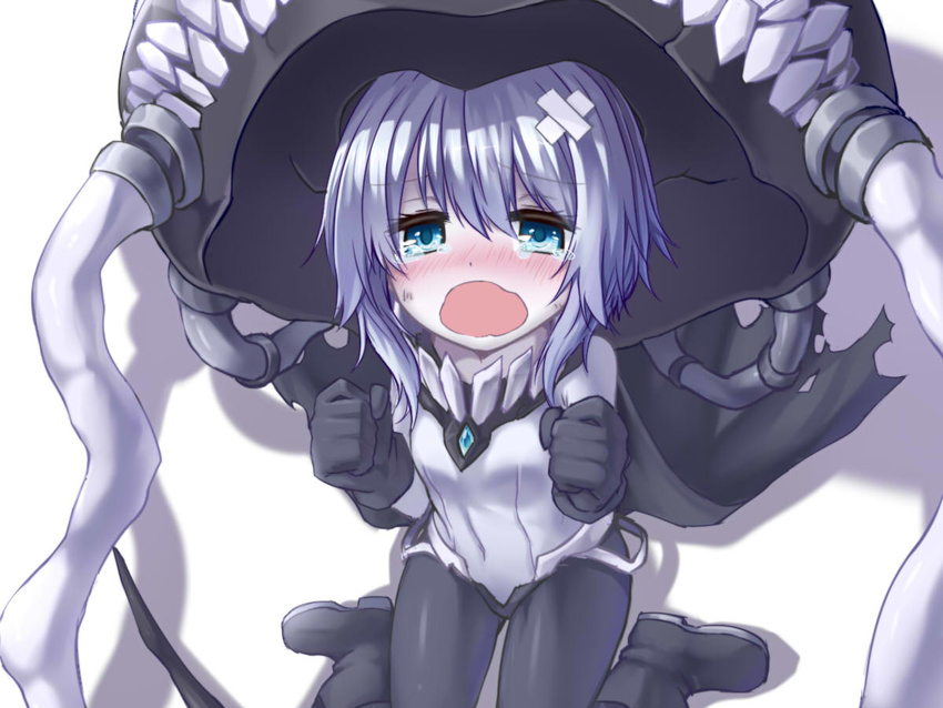 aqua_eyes bandaid black_gloves black_legwear blush bodysuit boots cape commentary crying crying_with_eyes_open fangs gloves hat kantai_collection monster_girl open_mouth oukawa_yuu shinkaisei-kan silver_hair sitting solo tears tentacles torn_cape wariza wavy_mouth wo-class_aircraft_carrier