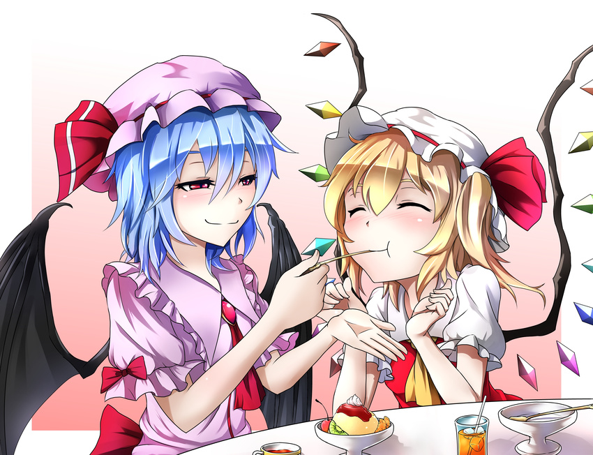 bat_wings blonde_hair blue_hair bowl brooch closed_eyes cup dress drinking_glass feeding flandre_scarlet food hat hat_ribbon highres jewelry mob_cap multiple_girls object_namesake pink_dress pudding puffy_short_sleeves puffy_sleeves red_dress remilia_scarlet ribbon short_sleeves siblings sisters smile spoon table tatetsuki teacup touhou wings
