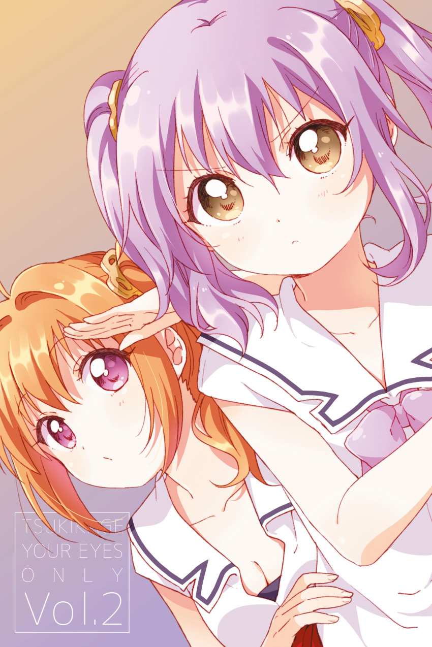 2girls absurdres ahoge arm_up blush breasts brown_eyes character_request cleavage closed_mouth collarbone eyebrows_visible_through_hair highres looking_at_viewer medium_breasts multiple_girls namori official_art orange_hair purple_eyes purple_hair release_the_spyce short_hair short_ponytail short_sleeves short_twintails side_ponytail twintails