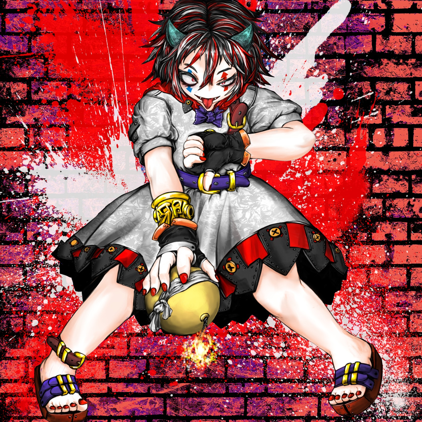 :d bad_id bad_pixiv_id belt bomb bracelet brick_wall commentary_request directional_arrow dress embellished_costume fangs highres horns impossible_spell_card jewelry kijin_seija multicolored_hair open_mouth red_eyes sandals short_hair short_sleeves smile tamanegi_tarou thumbs_down toenail_polish tongue tongue_out touhou wall