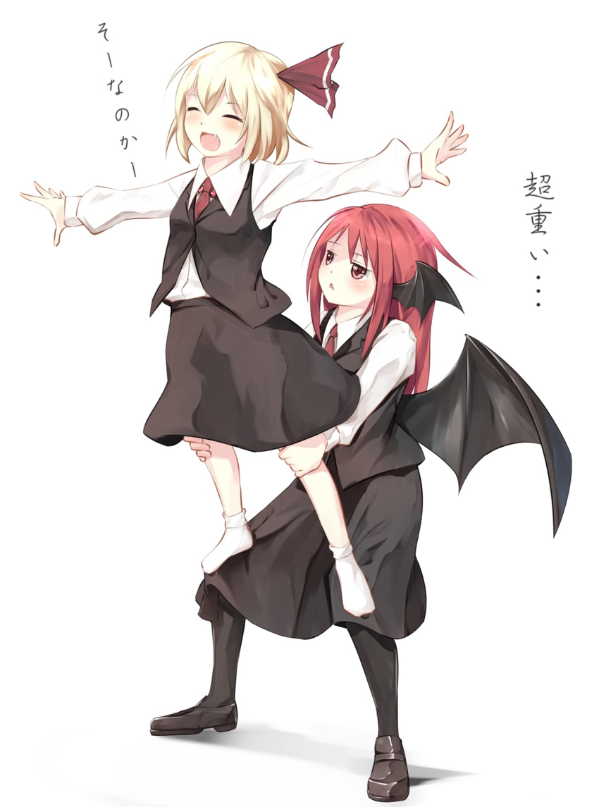 :d ^_^ annoyed blonde_hair blouse blush chestnut_mouth closed_eyes d: demon_wings fang gorilla_(bun0615) hair_ribbon happy head_wings highres is_that_so koakuma loafers long_hair multiple_girls necktie no_shoes open_mouth outstretched_arms pantyhose red_eyes red_hair ribbon rumia saboten_pose shoes short_hair skirt smile socks spread_arms tired touhou translated vest wings