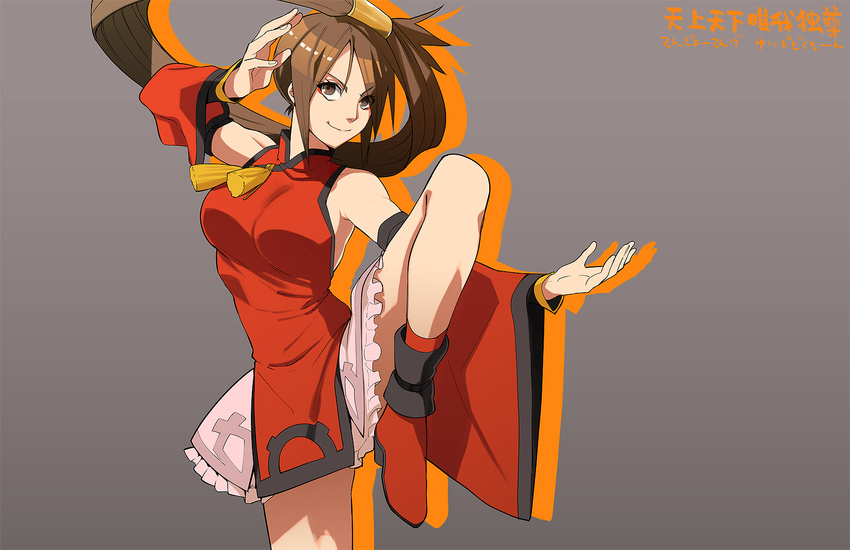 brown_eyes brown_hair chinese_clothes commentary_request detached_sleeves guilty_gear hair_tubes highres kuradoberi_jam leg_lift long_hair martial_arts smile solo standing standing_on_one_leg translated tsurusaki_yuu wide_sleeves