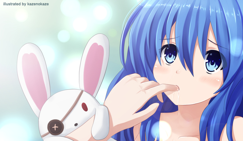 1girl blue_eyes blue_hair commentary_request date_a_live eyepatch finger_in_another's_mouth highres kazenokaze light_particles long_hair solo_focus stuffed_animal stuffed_rabbit stuffed_toy yoshino_(date_a_live) yoshinon