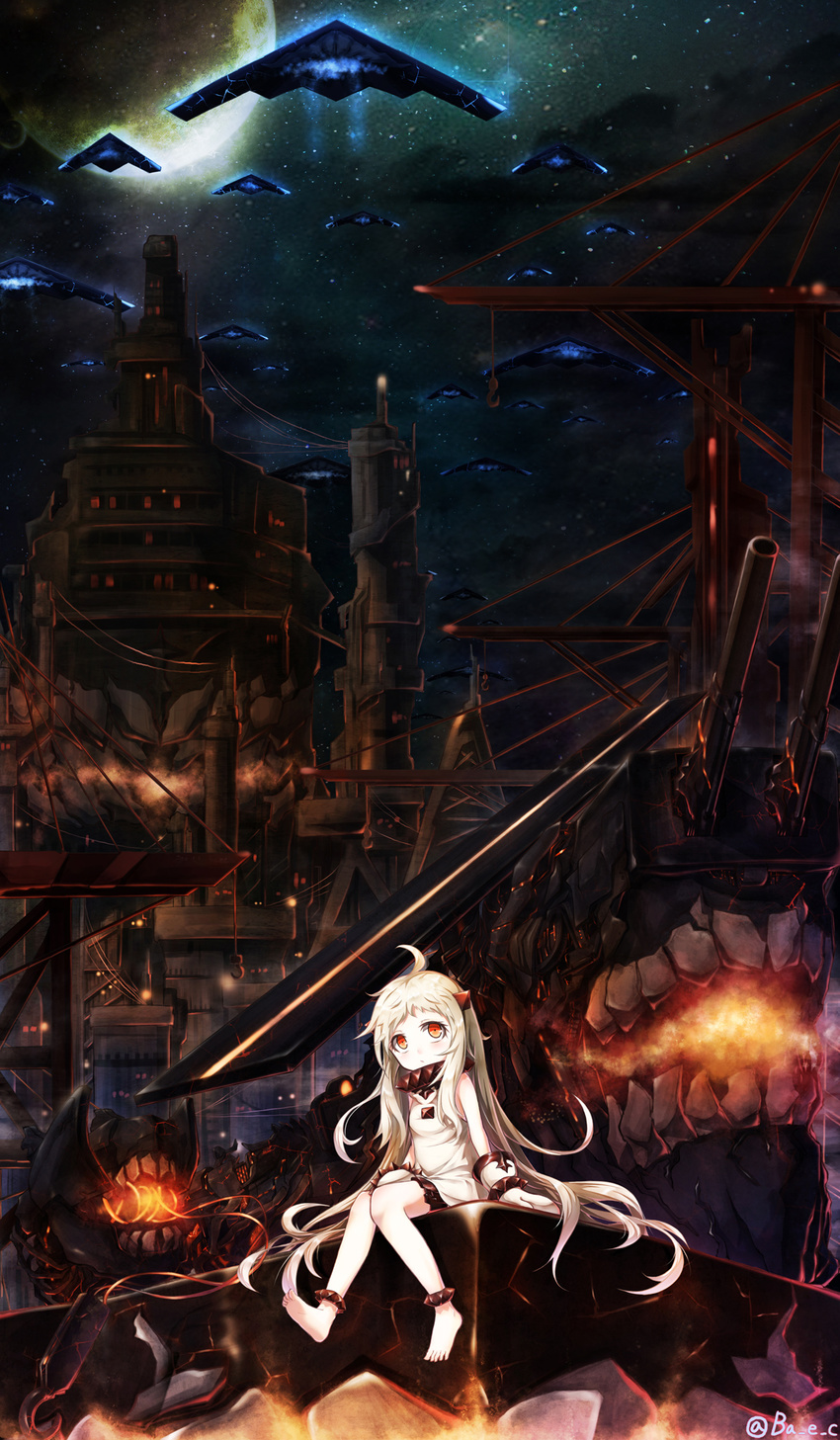 ahoge aircraft airplane arm_support b-2_spirit bae.c bare_legs bare_shoulders barefoot blush commentary dress f-117_nighthawk gloves harbor highres horns kantai_collection long_hair machinery military military_vehicle mittens moon night night_sky northern_ocean_hime pale_skin red_eyes shinkaisei-kan ship sitting sky star_(sky) starry_sky twitter_username very_long_hair warship watercraft white_dress white_gloves white_hair