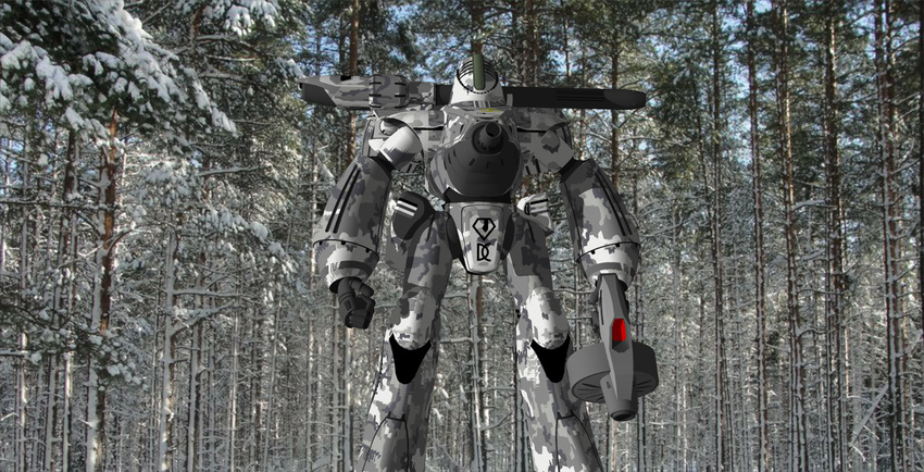 alien camouflage cannon emblem energy_gun google_sketchup_(medium) macross mecha no_humans power_armor ray_gun realistic science_fiction snow tree tyo0911 weapon zentradi