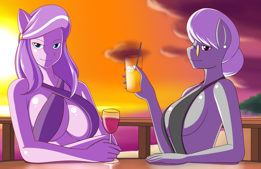 2014 alcohol anthro anthrofied beash beverage blue_eyes breasts cleavage clothed clothing clous diamond_tiara_(mlp) dress drink duo earth_pony equine female friendship_is_magic glass grey_hair hair horse ice mammal marikazemus34 my_little_pony piercing pony purple_eyes purple_hair sea silver_spoon_(mlp) sky straw sunset water wine wine_glass