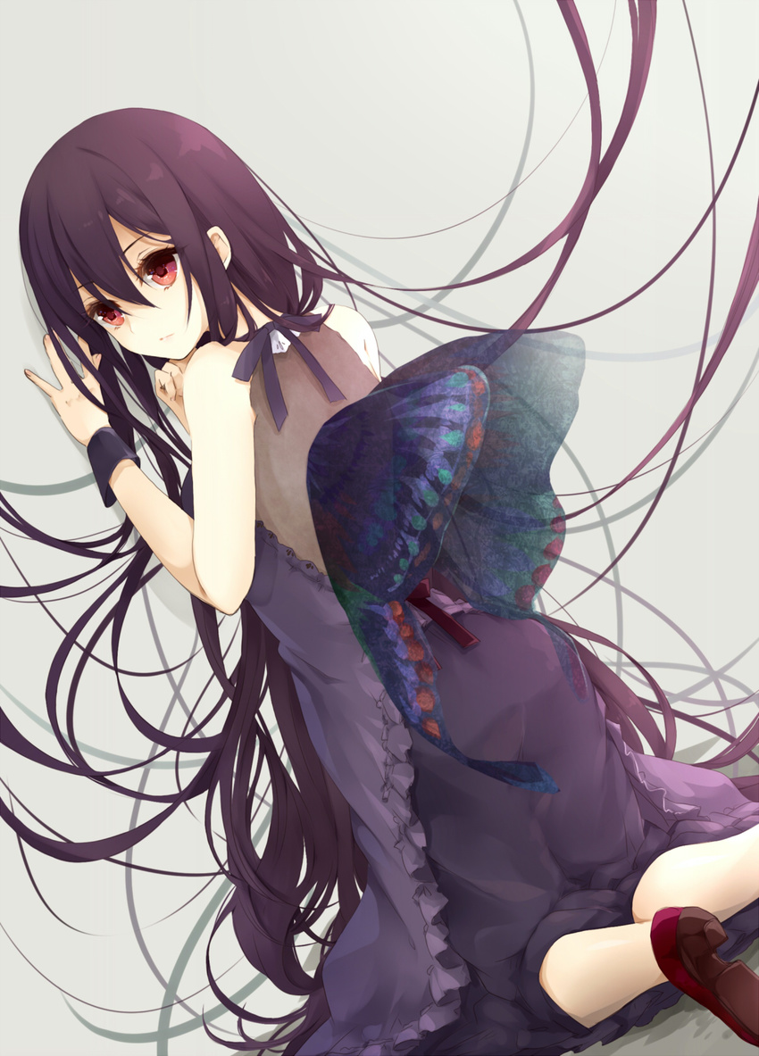 absurdly_long_hair bare_arms bare_shoulders butterfly_wings dress high_heels highres kneeling long_hair open_mouth original puracotte purple_dress purple_hair red_eyes red_footwear shoes solo very_long_hair wings wrist_cuffs