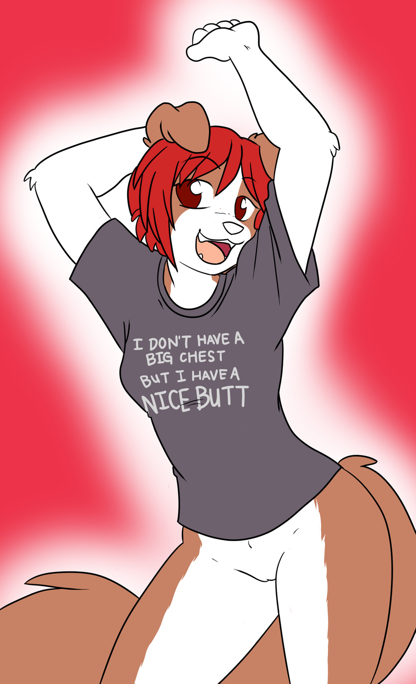 absurd_res bottomless breasts canine cheri_(artist)_(artist) clothing cute dog dyr_(edit) edit female hair hi_res holly_(darkduck64) mammal open_mouth panties pussy red_hair shirt simple_background small_breasts solo standing stretching tongue underwear