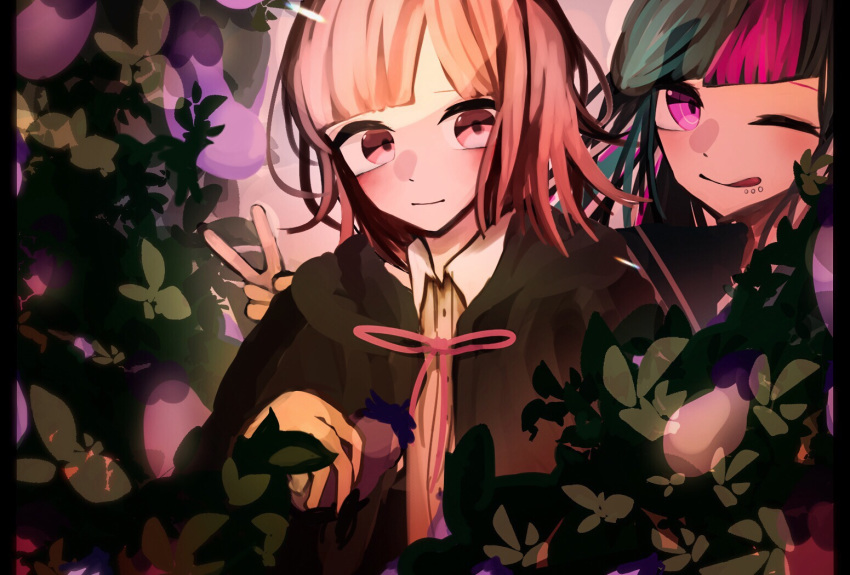 2girls bangs black_hair black_hoodie black_jacket closed_mouth commentary_request danganronpa eyebrows_behind_hair flipped_hair flower food fruit green_hair holding holding_food holding_fruit hood hoodie jacket light_brown_eyes light_brown_hair long_hair looking_at_another looking_at_viewer mioda_ibuki mouth_piercing multicolored multicolored_background multicolored_hair multiple_girls nanami_chiaki one_eye_closed open_eyes piercing pink_eyes pink_hair rairo_yusa red_ribbon ribbon shirt short_hair smile super_danganronpa_2 tongue tongue_out v white_shirt