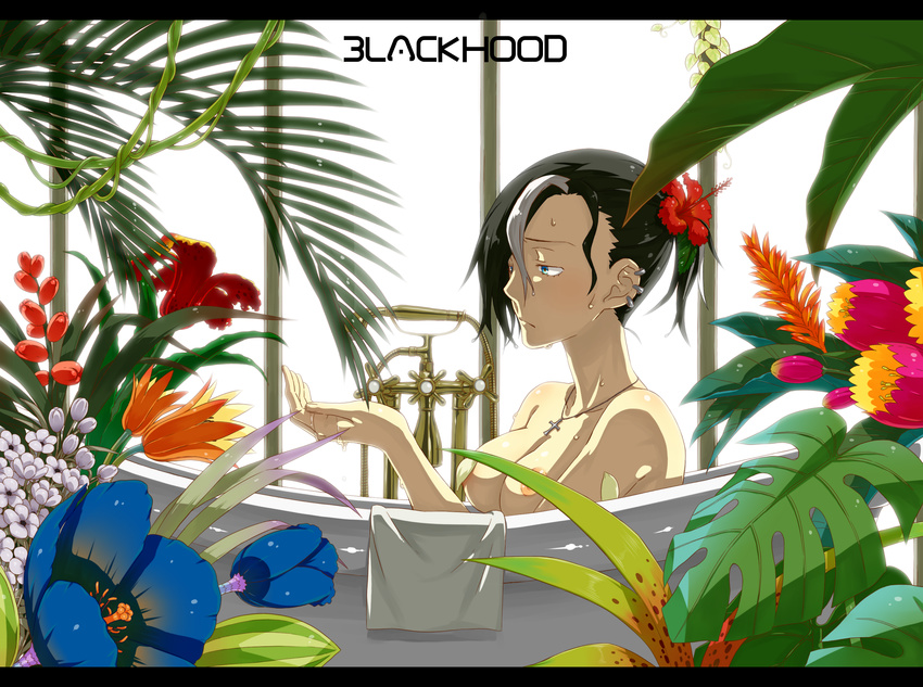 areolae bathtub black_hair black_hood blue_eyes convenient_censoring cross earrings flower hair_flower hair_ornament highres jewelry kamezaemon letterboxed multicolored_hair necklace nude original ponytail solo towel two-tone_hair water white_hair