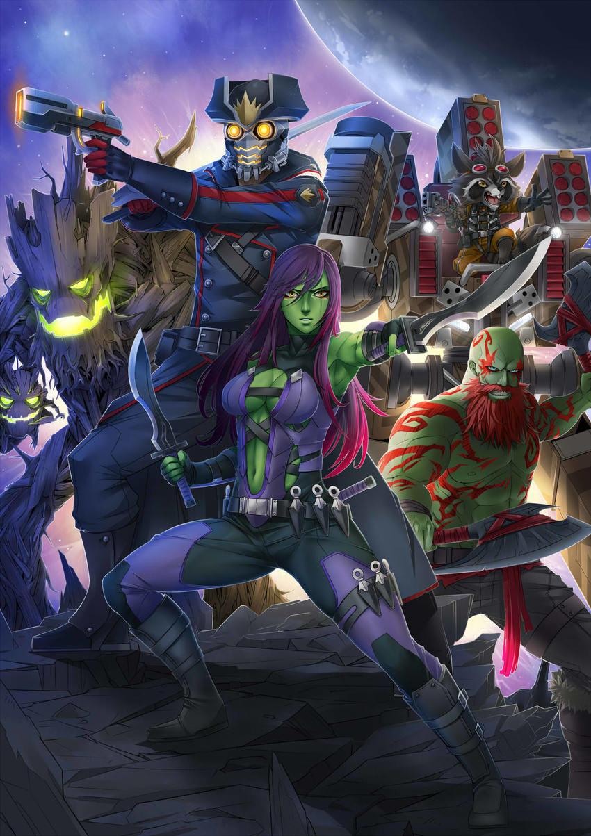 bald beard breasts cleavage dual_wielding exaxuxer facial_hair gangplank green_skin guardians_of_the_galaxy gun handgun helmet highres holding katarina_du_couteau kunai large_breasts league_of_legends long_hair making_of maokai marvel olaf_(league_of_legends) parody pistol red_hair rumble_(league_of_legends) shirtless short_sword sword tattoo textless weapon