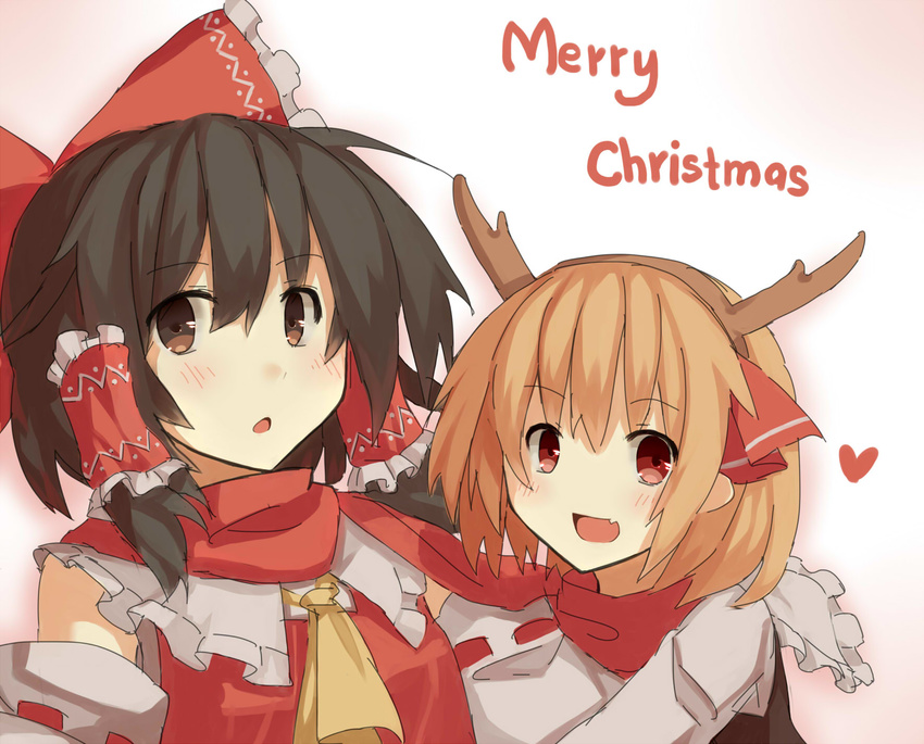 :d blonde_hair bow brown_eyes brown_hair christmas detached_sleeves english fake_horns fang hair_bow hair_tubes hakurei_reimu highres merry_christmas multiple_girls open_mouth red_eyes ribbon-trimmed_sleeves ribbon_trim rumia scarf sh_(562835932) shirt smile touhou vest